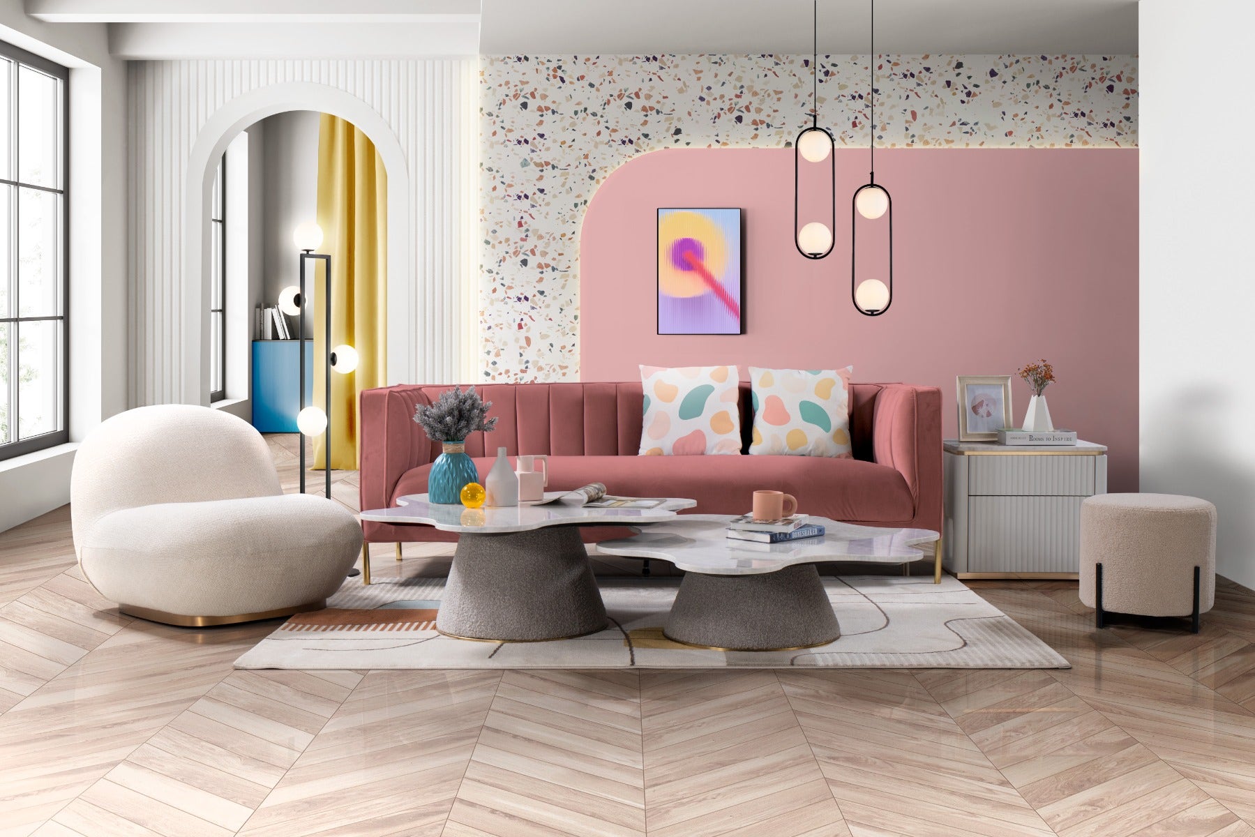 Velvet Fabric Sofa 3 Seater Zerene - Pink
