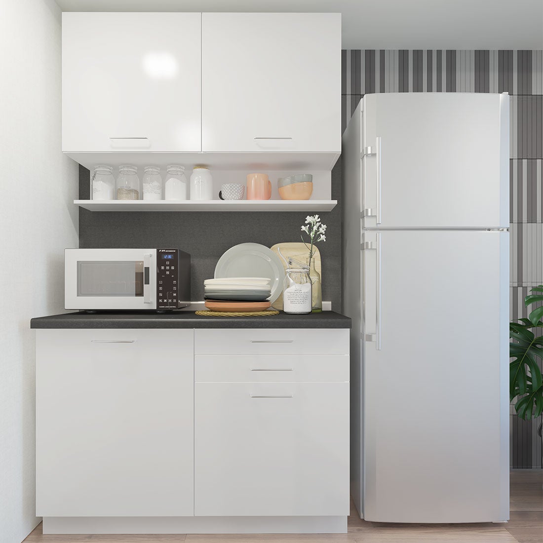 ห้องครัวขนาดกะทัดรัดและครัวสำเร็จรูป ขนาด 120 ซม. รุ่น Kourmet สีขาว Hi-Gloss ท็อป HPL01