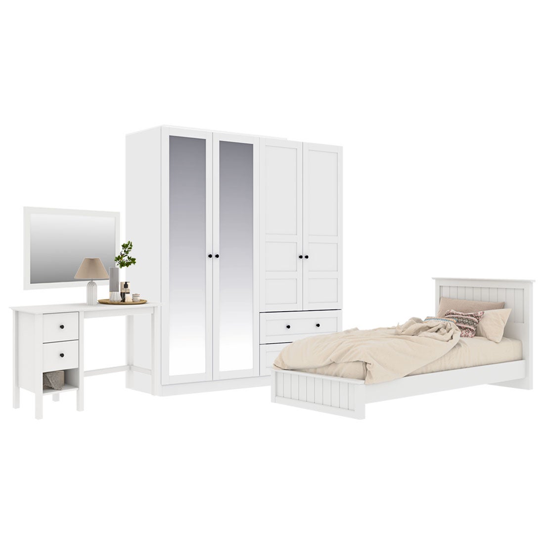 ชุดห้องนอน ขนาด 3.5 ฟุต รุ่น Moneta & ตู้บานเปิด 180 ซม. สีขาว01
