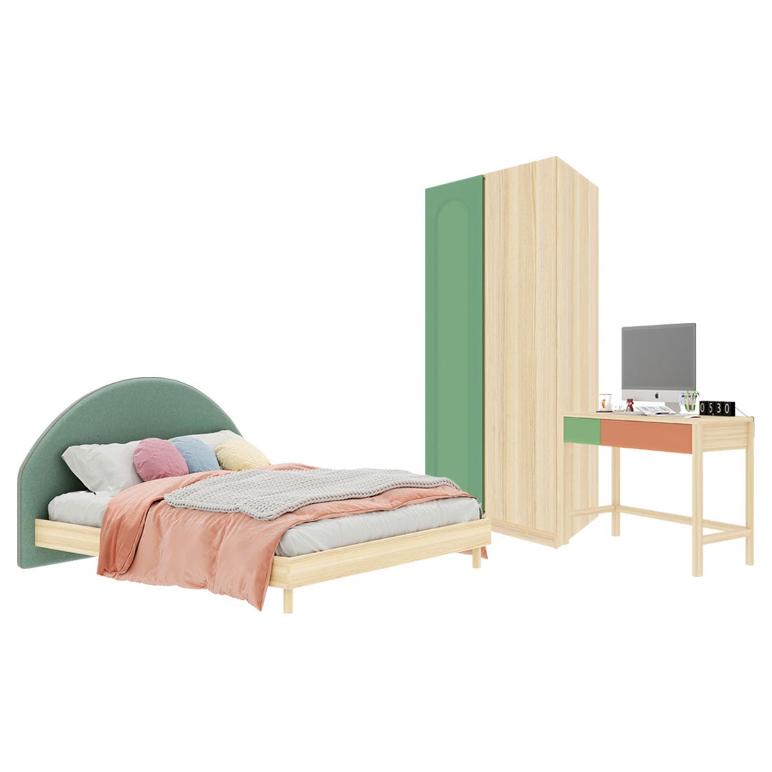 ชุดห้องนอน ขนาด 6 ฟุต-เบาะเขียว รุ่น Bingsoo & ตู้เสื้อผ้า 90 ซม. สีเขียว1