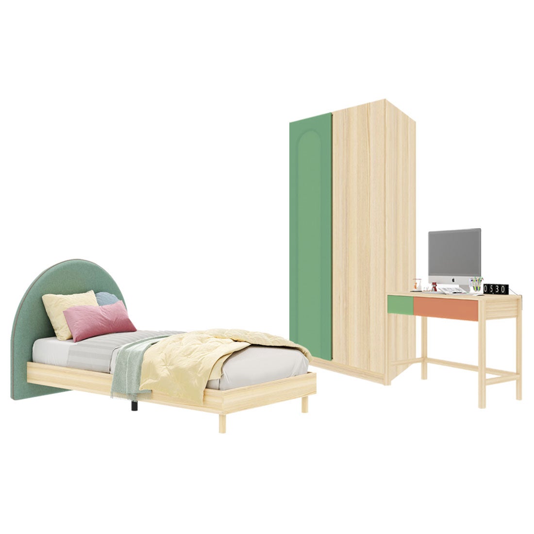 ชุดห้องนอน ขนาด 3.5 ฟุต-เบาะเขียว รุ่น Bingsoo & ตู้เสื้อผ้า 90 ซม. สีเขียว01