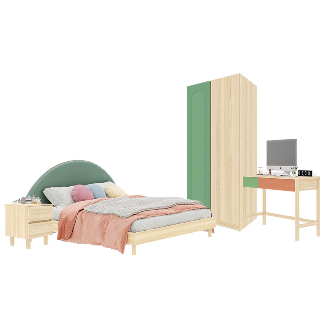 ชุดห้องนอน ขนาด 6 ฟุต-เบาะเขียว รุ่น Bingsoo & ตู้เสื้อผ้า 90 ซม. พร้อมตู้ข้างเตียง สีเขียว01