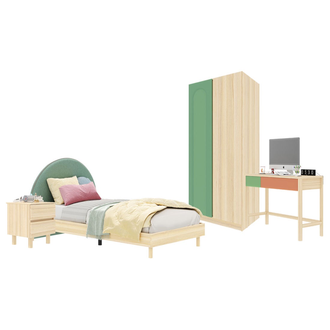 ชุดห้องนอน ขนาด 3.5 ฟุต-เบาะเขียว รุ่น Bingsoo & ตู้เสื้อผ้า 90 ซม. พร้อมตู้ข้างเตียง สีเขียว01