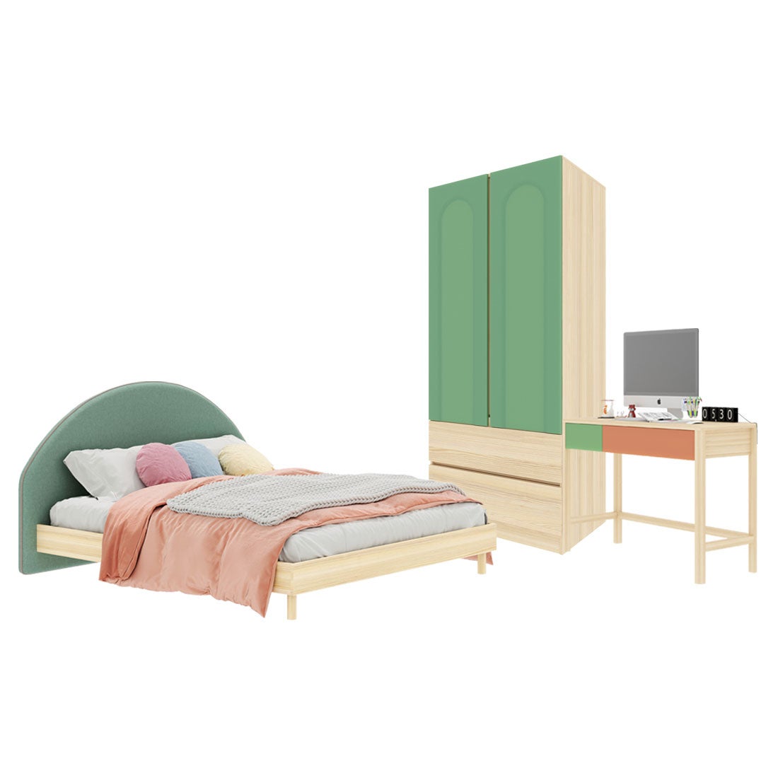 ชุดห้องนอน ขนาด 6 ฟุต-เบาะเขียว รุ่น Bingsoo & ตู้เสื้อผ้าลิ้นชัก 90 ซม. สีเขียว01