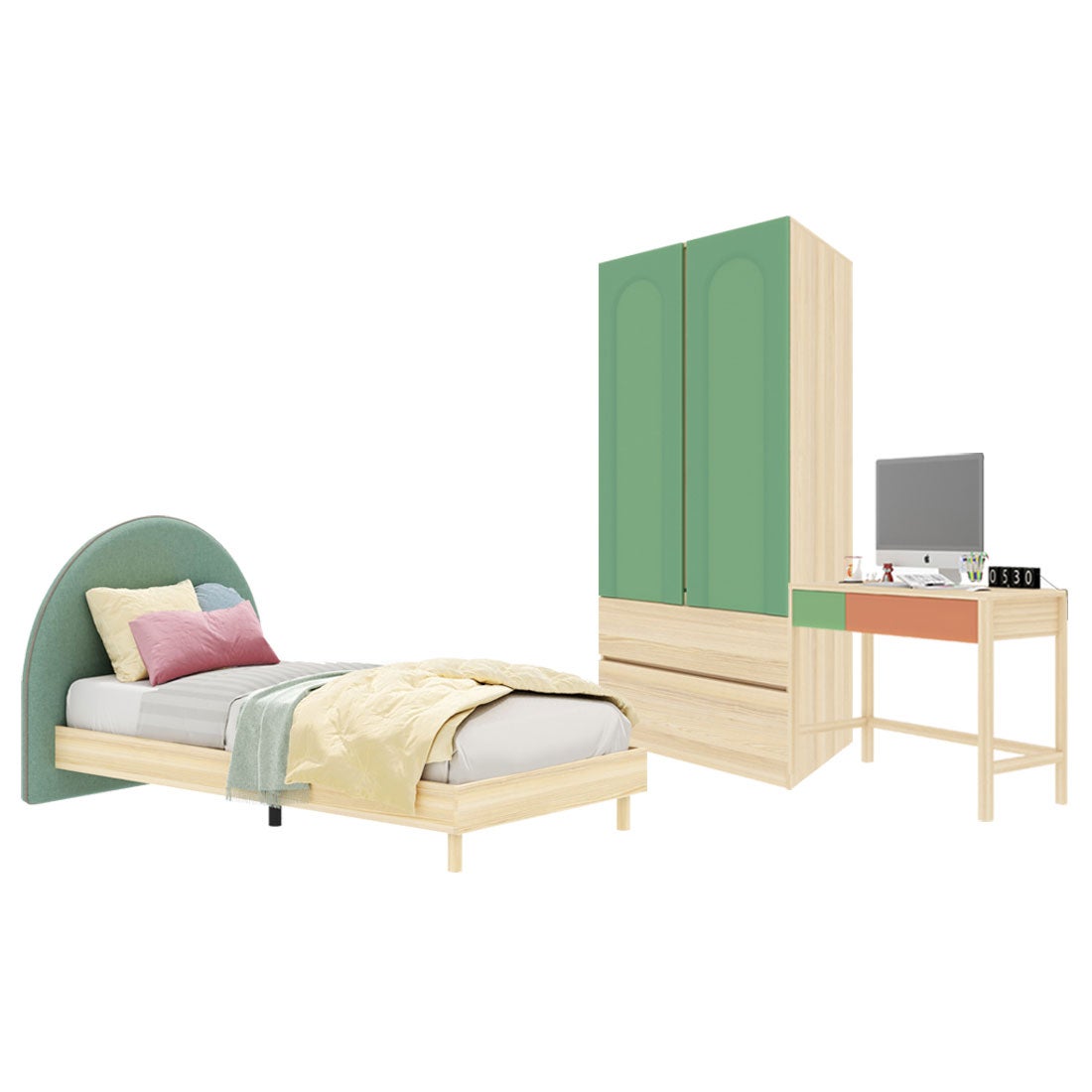 ชุดห้องนอน ขนาด 3.5 ฟุต-เบาะเขียว รุ่น Bingsoo & ตู้เสื้อผ้าลิ้นชัก 90 ซม. พร้อมตู้ข้างเตียง สีเขียว01