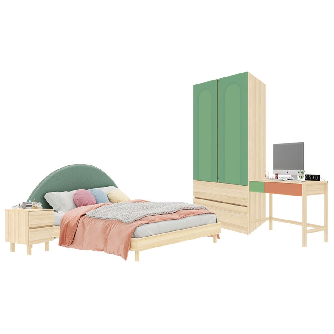 ชุดห้องนอน ขนาด 6 ฟุต-เบาะเขียว รุ่น Bingsoo & ตู้เสื้อผ้าลิ้นชัก 90 ซม. พร้อมตู้ข้างเตียง สีเขียว01