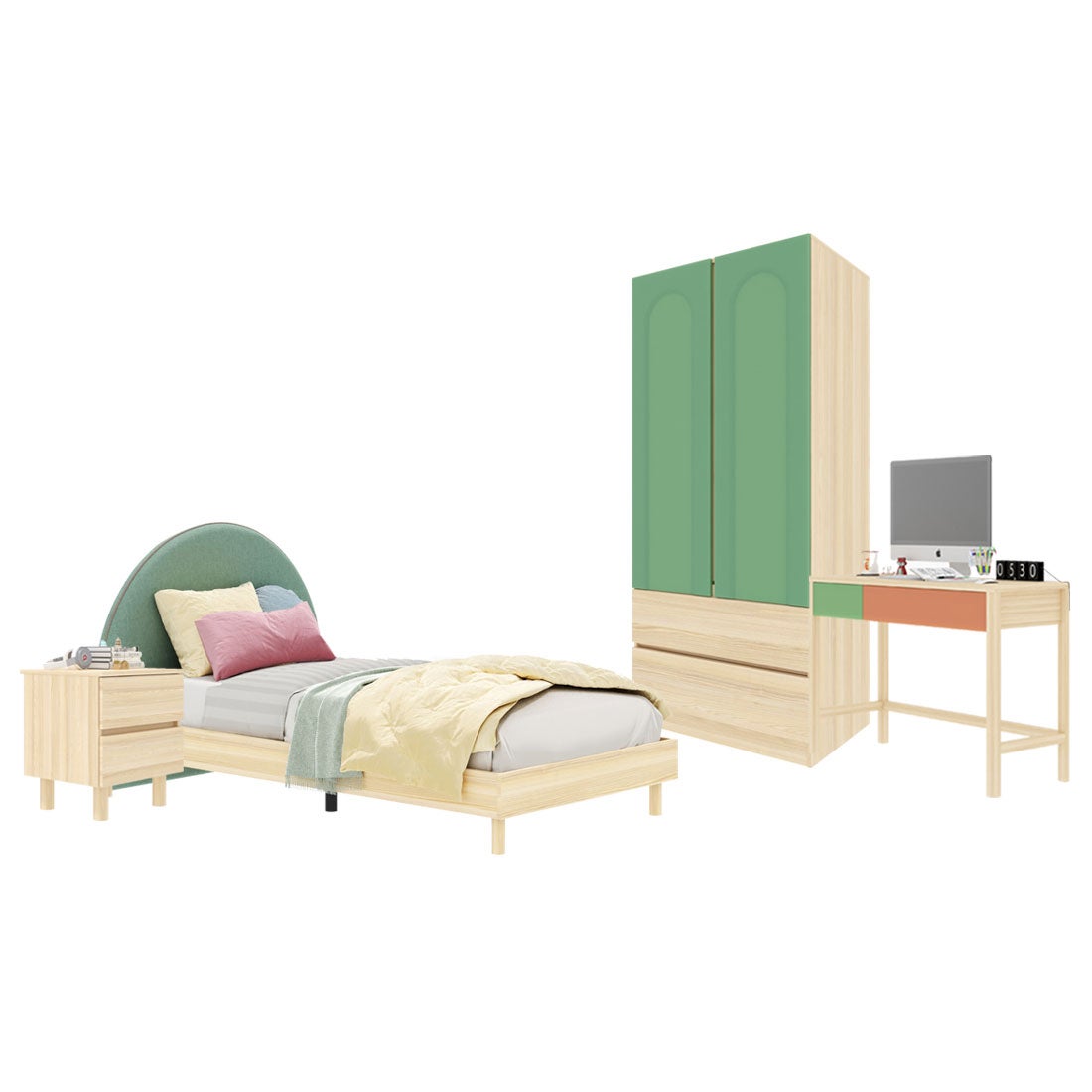 ชุดห้องนอน ขนาด 3.5 ฟุต-เบาะเขียว รุ่น Bingsoo & ตู้เสื้อผ้าลิ้นชัก 90 ซม. พร้อมตู้ข้างเตียง สีเขียว01