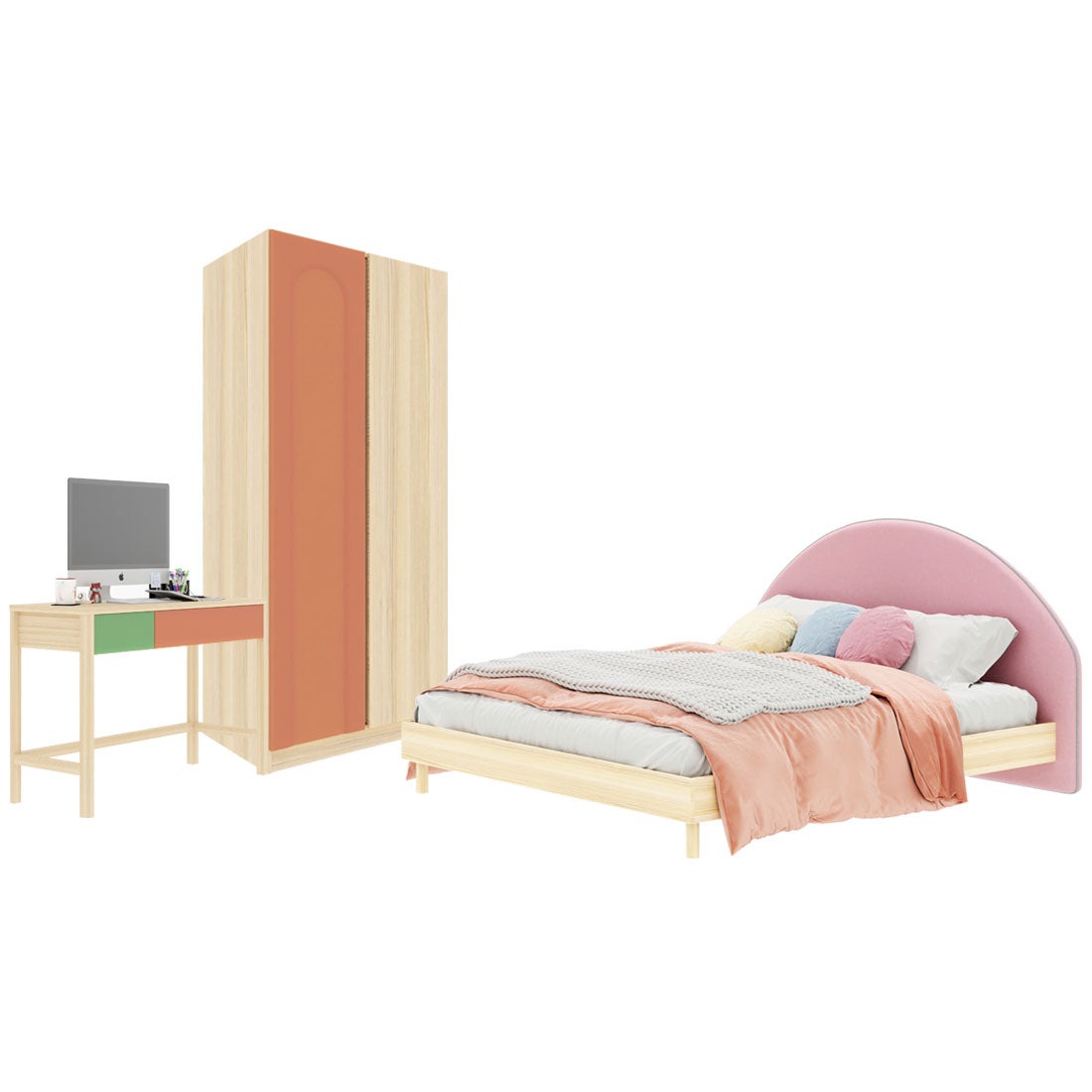 ชุดห้องนอน ขนาด 6 ฟุต-เบาะชมพู รุ่น Bingsoo & ตู้เสื้อผ้า 90 ซม. สีพีช01