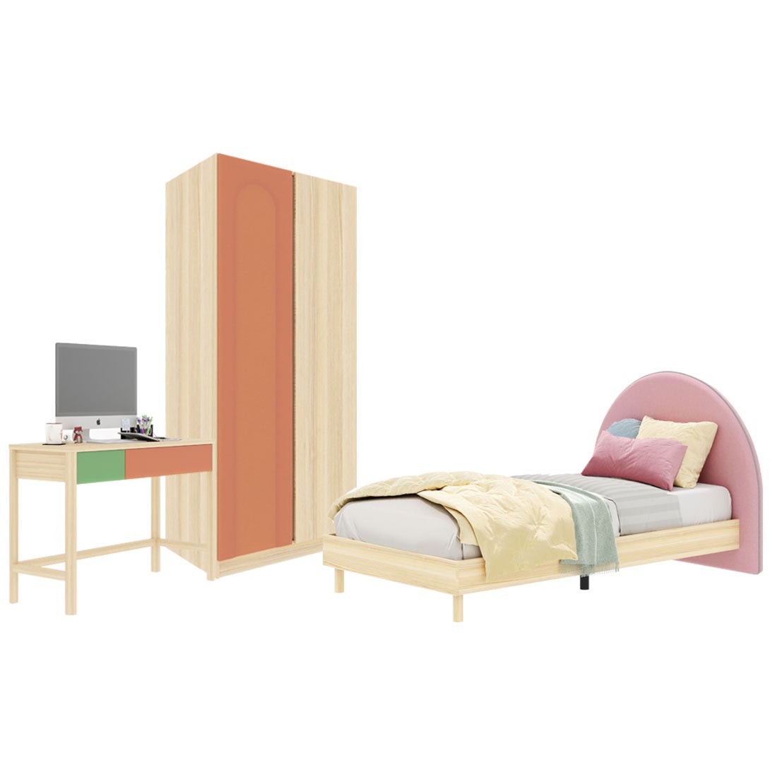 ชุดห้องนอน ขนาด 3.5 ฟุต-เบาะชมพู รุ่น Bingsoo & ตู้เสื้อผ้า 90 ซม. สีพีช01