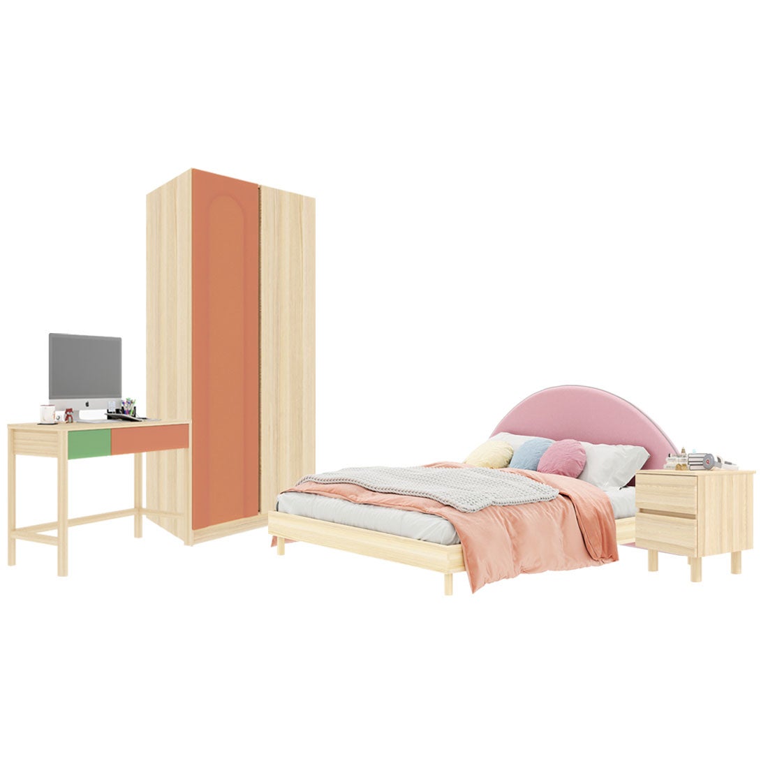 ชุดห้องนอน ขนาด 5 ฟุต-เบาะชมพู รุ่น Bingsoo & ตู้เสื้อผ้า 90 ซม. พร้อมตู้ข้างเตียง สีพีช01