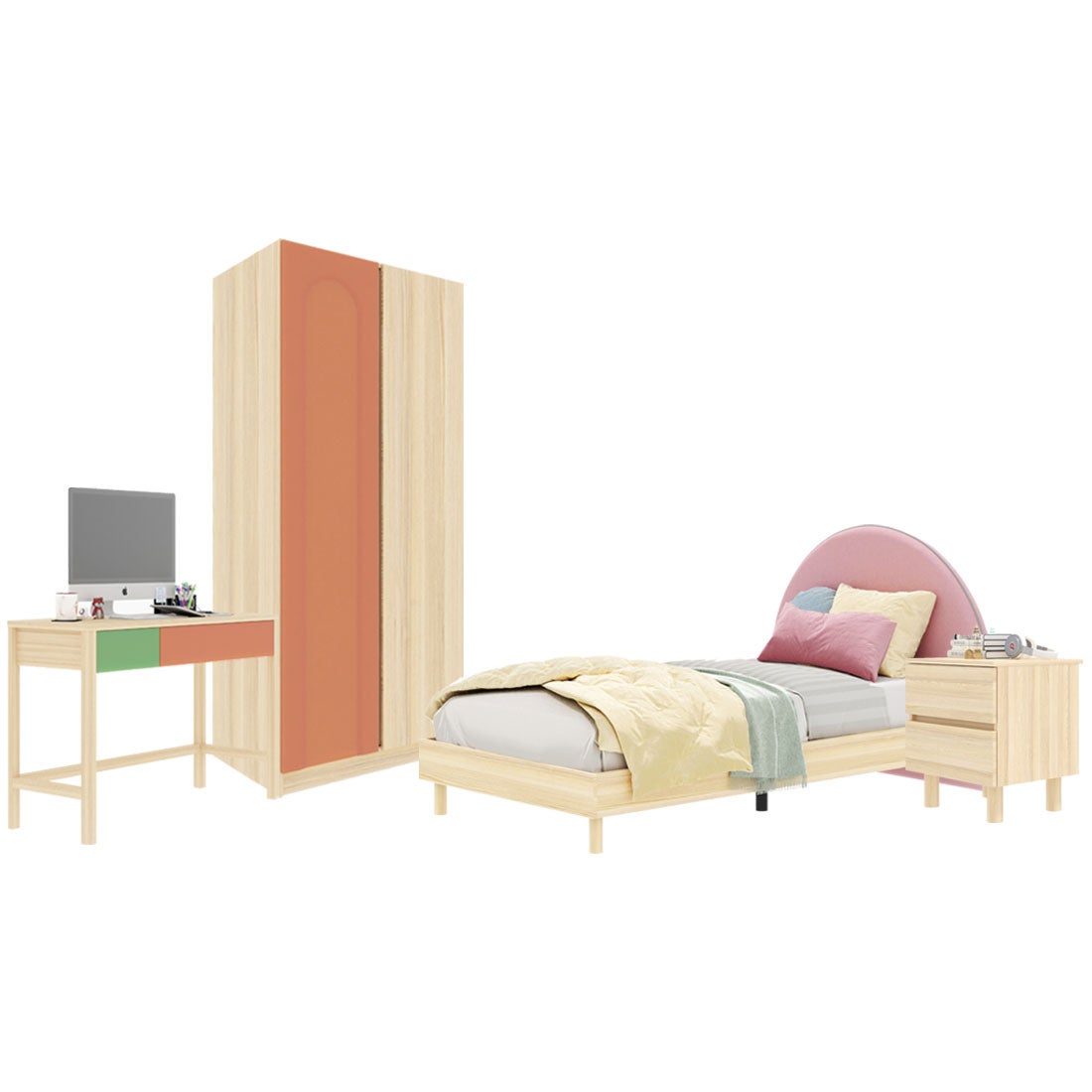 ชุดห้องนอน ขนาด 3.5 ฟุต-เบาะชมพู รุ่น Bingsoo & ตู้เสื้อผ้า 90 ซม. พร้อมตู้ข้างเตียง สีพีช01