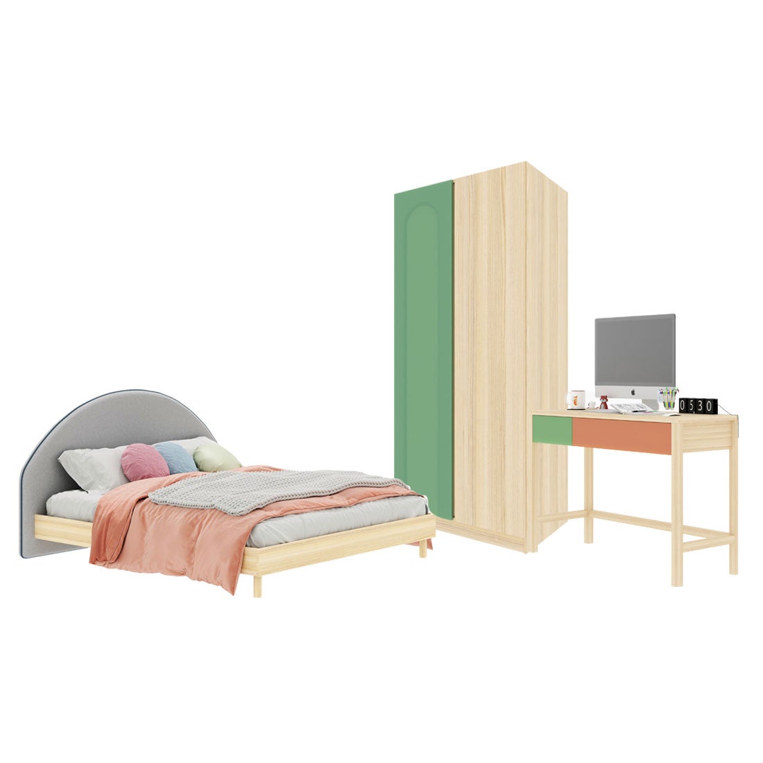 ชุดห้องนอน ขนาด 6 ฟุต-เบาะครีม รุ่น Bingsoo & ตู้เสื้อผ้า 90 ซม. สีเขียว01