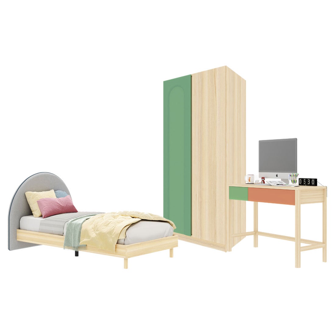 ชุดห้องนอน ขนาด 3.5 ฟุต-เบาะครีม รุ่น Bingsoo & ตู้เสื้อผ้า 90 ซม. สีเขียว01