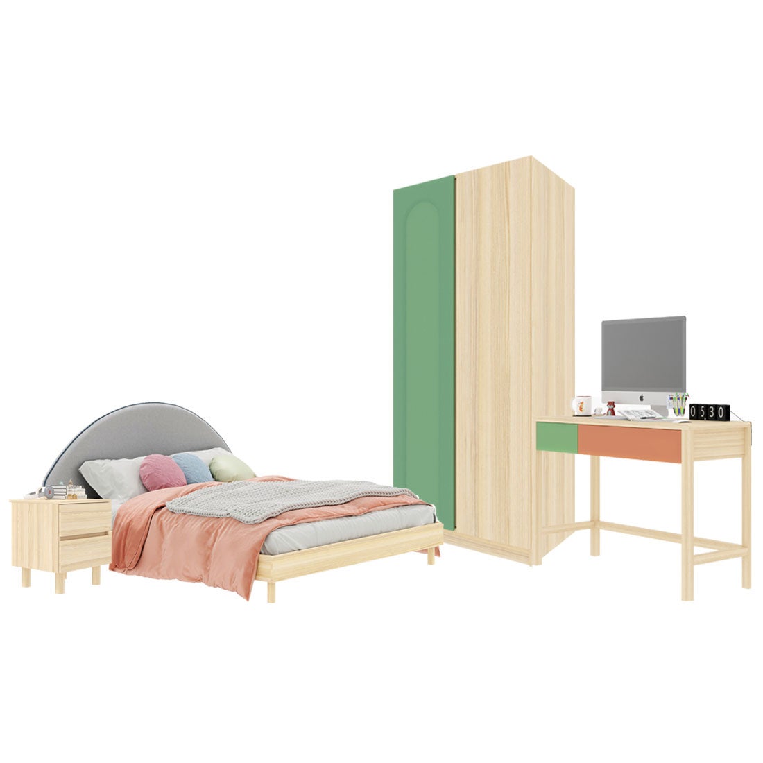ชุดห้องนอน ขนาด 6 ฟุต-เบาะครีม รุ่น Bingsoo & ตู้เสื้อผ้า 90 ซม. พร้อมตู้ข้างเตียง สีเขียว01