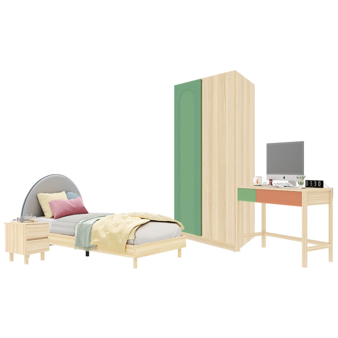 ชุดห้องนอน ขนาด 3.5 ฟุต-เบาะครีม รุ่น Bingsoo & ตู้เสื้อผ้า 90 ซม. พร้อมตู้ข้างเตียง สีเขียว01