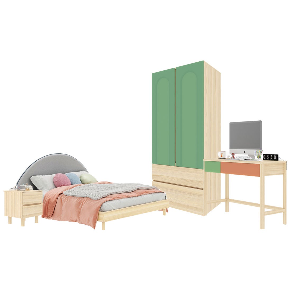 ชุดห้องนอน ขนาด 6 ฟุต-เบาะครีม รุ่น Bingsoo & ตู้เสื้อผ้าลิ้นชัก 90 ซม. พร้อมตู้ข้างเตียง สีเขียว01
