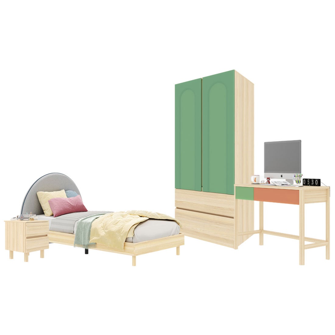ชุดห้องนอน ขนาด 3.5 ฟุต-เบาะครีม รุ่น Bingsoo & ตู้เสื้อผ้าลิ้นชัก 90 ซม. พร้อมตู้ข้างเตียง สีเขียว01